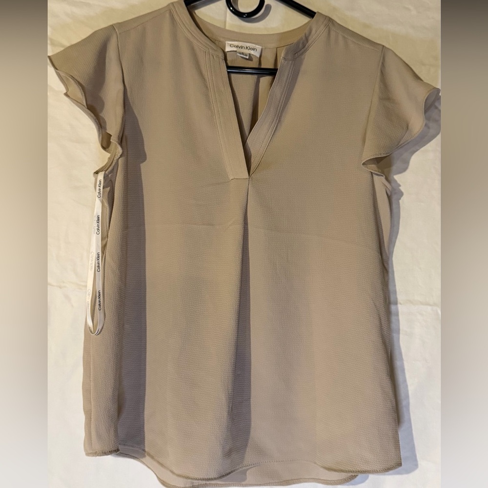 Calvin Klein Women’s Blouse Size S Taupe V-Neck Short Sleeve Top